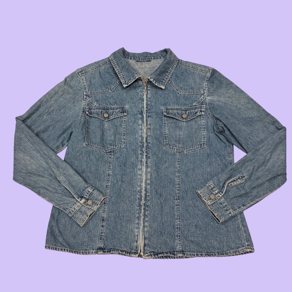 New York Jeans Vintage Medium Wash Zip Up Denim Jacket Womens Large